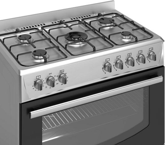 Wiggo WO‑E905R(XX) – Vrijstaand gasfornuis – 90 cm – 5 kookzones met wokbrander – 110L elektrische oven – Roestvrijstaal – Elektrische vonkontsteking & vlambeveiliging – Energieklasse B – 5 jaar garantie