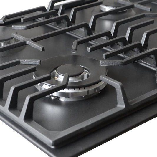 Wiggo WH-G634RL(B) - Inbouw Gaskookplaat - Wok brander - 60 cm - 4 Kookzones - Gietijzeren pannendragers - 5 jaar garantie - Zwart Geëmailleerd