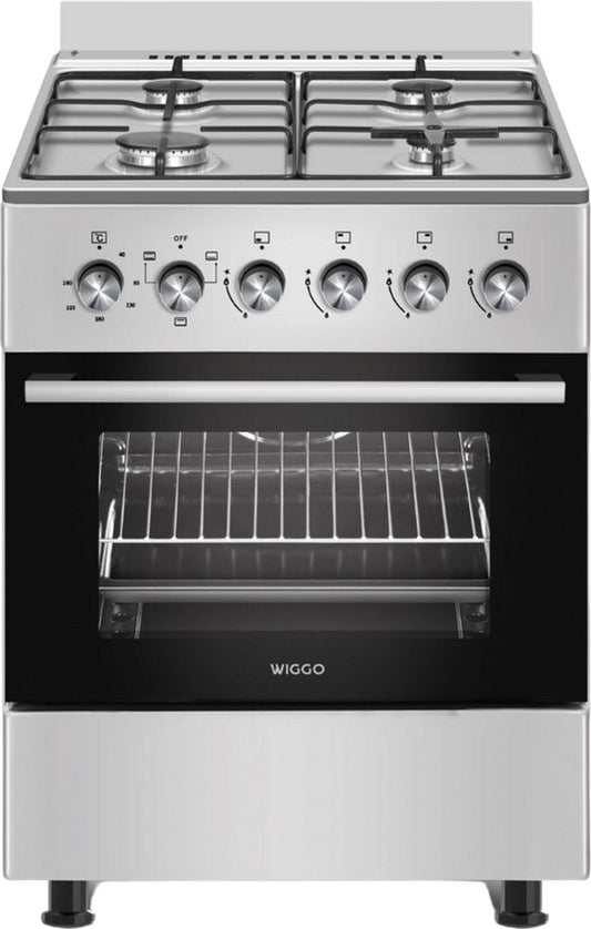 Wiggo WO‑E603R(XX) – Vrijstaand gasfornuis – 60 cm – 4 kookzones – 56L elektrische oven – Roestvrijstaal – Elektrische vonkontsteking & vlambeveiliging – Energieklasse A – 5 jaar garantie