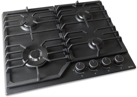 Wiggo WH-G634RL(B) - Inbouw Gaskookplaat - Wok brander - 60 cm - 4 Kookzones - Gietijzeren pannendragers - 5 jaar garantie - Zwart Geëmailleerd
