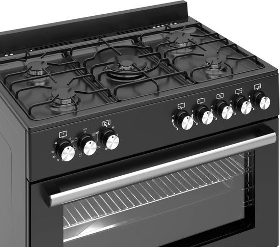 Wiggo WO-E906B(BB) - Vrijstaand - Gasfornuis - 90 cm - 110 Liter - 5 pitten - Energieklasse A - 5 jaar garantie - Zwart