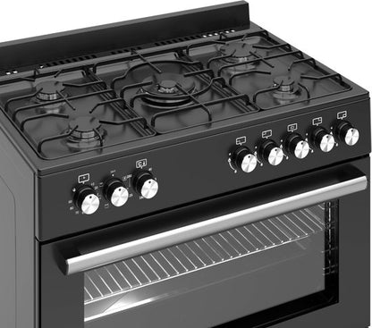 Wiggo WO-E906B(BB) - Vrijstaand - Gasfornuis - 90 cm - 110 Liter - 5 pitten - Energieklasse A - 5 jaar garantie - Zwart