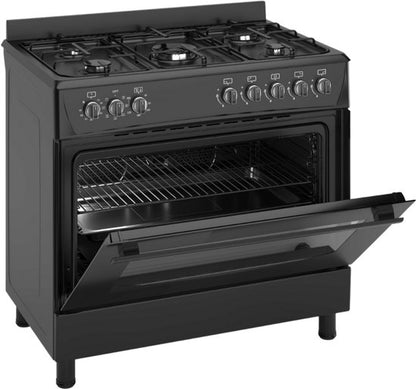 Wiggo WO‑E905R(BB) – Vrijstaand gasfornuis – 90 cm – 5 kookzones met wokbrander – 110L elektrische oven – Zwart – Elektrische vonkontsteking & vlambeveiliging – Energieklasse B – 5 jaar garantie