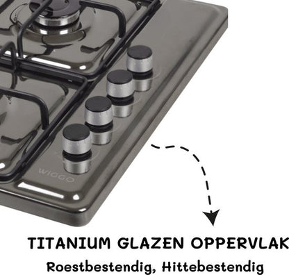 Wiggo WH-G604F(T) – Vrijstaande gaskookplaat – 60 cm – 4 kookzones – Geschikt voor aardgas en butaangas – Thermokoppel beveiliging – Titanium