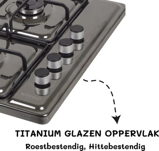 Wiggo WH-G604F(T) – Vrijstaande gaskookplaat – 60 cm – 4 kookzones – Geschikt voor aardgas en butaangas – Thermokoppel beveiliging – Titanium