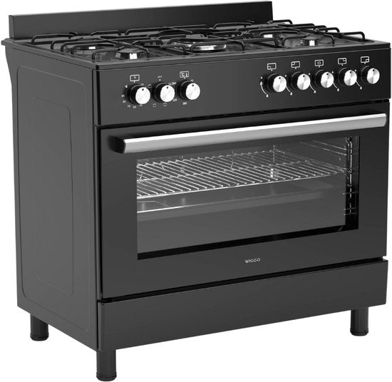 Wiggo WO-E906B(BB) - Vrijstaand - Gasfornuis - 90 cm - 110 Liter - 5 pitten - Energieklasse A - 5 jaar garantie - Zwart