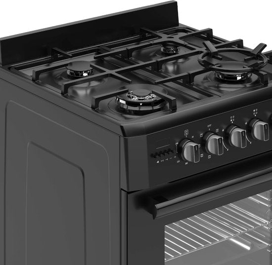 Wiggo WO-E639R(BB) – Vrijstaand gasfornuis – 60 cm – 5 kookzones – met wokbrander – 56L elektrische oven – Zwart – Elektrische vonkontsteking & vlambeveiliging – Energieklasse A – 5 jaar garantie