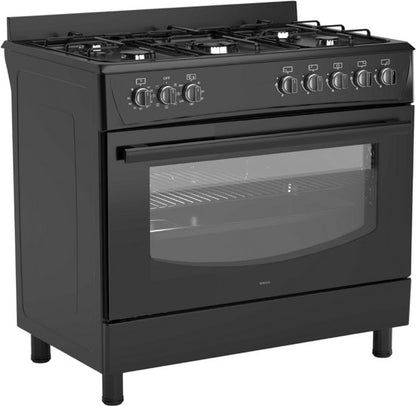 Wiggo WO‑E905R(BB) – Vrijstaand gasfornuis – 90 cm – 5 kookzones met wokbrander – 110L elektrische oven – Zwart – Elektrische vonkontsteking & vlambeveiliging – Energieklasse B – 5 jaar garantie