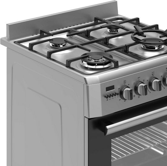 Wiggo WO-E639R(XX) – Vrijstaand gasfornuis – 60 cm – 5 kookzones – met wokbrander – 56L elektrische oven – Roestvrijstaal – Elektrische vonkontsteking & vlambeveiliging – Energieklasse A – 5 jaar garantie