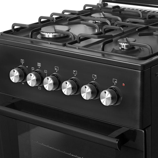 Wiggo WO‑E603R(BB) – Vrijstaand gasfornuis – 60 cm – 4 kookzones – 56L elektrische oven – Zwart – Elektrische vonkontsteking & vlambeveiliging – Energieklasse A – 5 jaar garantie