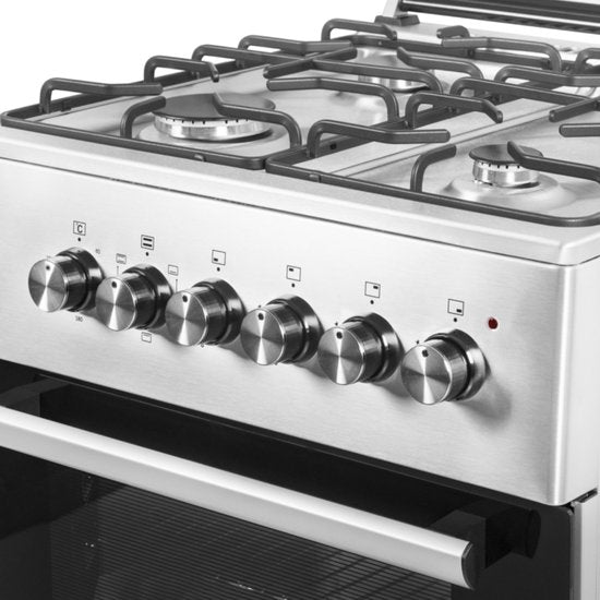 Wiggo WO‑E603R(XX) – Vrijstaand gasfornuis – 60 cm – 4 kookzones – 56L elektrische oven – Roestvrijstaal – Elektrische vonkontsteking & vlambeveiliging – Energieklasse A – 5 jaar garantie