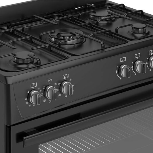 Wiggo WO‑E905R(BB) – Vrijstaand gasfornuis – 90 cm – 5 kookzones met wokbrander – 110L elektrische oven – Zwart – Elektrische vonkontsteking & vlambeveiliging – Energieklasse B – 5 jaar garantie