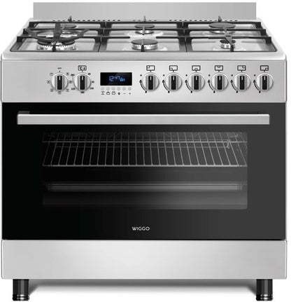 Wiggo WO‑E969R(XX) – Vrijstaand gasfornuis – 90 cm – 6 kookzones met dubbele wokbrander – 110L elektrische oven – Roestvrijstaal – Elektrische vonkontsteking & vlambeveiliging – Energieklasse B – 5 jaar garantie
