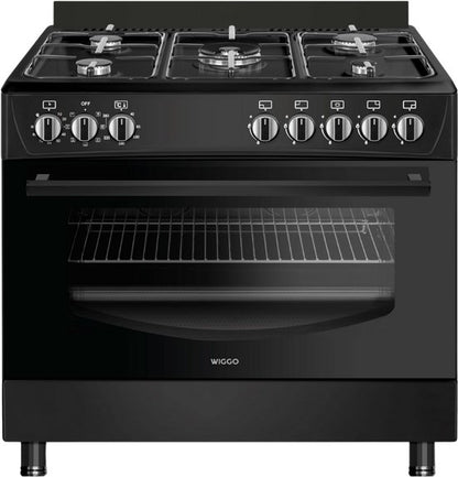 Wiggo WO‑E905R(BB) – Vrijstaand gasfornuis – 90 cm – 5 kookzones met wokbrander – 110L elektrische oven – Zwart – Elektrische vonkontsteking & vlambeveiliging – Energieklasse B – 5 jaar garantie
