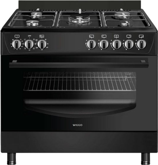 Wiggo WO‑E905R(BB) – Vrijstaand gasfornuis – 90 cm – 5 kookzones met wokbrander – 110L elektrische oven – Zwart – Elektrische vonkontsteking & vlambeveiliging – Energieklasse B – 5 jaar garantie