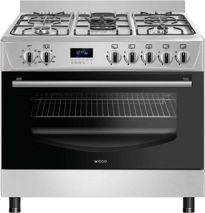 Wiggo WO‑E909R(XX) – Vrijstaand gasfornuis – 90 cm – 5 kookzones met wokbrander – 110L elektrische oven – Roestvrijstaal – Elektrische vonkontsteking & vlambeveiliging – Energieklasse B – 5 jaar garantie