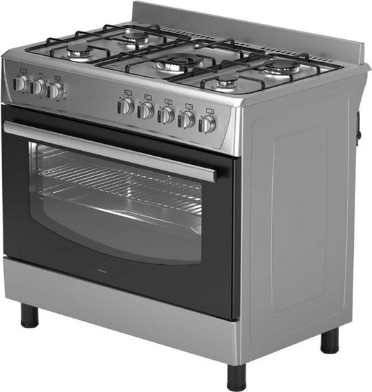 Wiggo WO‑E905R(XX) – Vrijstaand gasfornuis – 90 cm – 5 kookzones met wokbrander – 110L elektrische oven – Roestvrijstaal – Elektrische vonkontsteking & vlambeveiliging – Energieklasse B – 5 jaar garantie