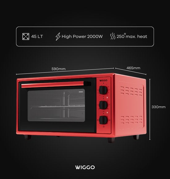 Wiggo WMO-E456(R) - Vrijstaande Mini Oven - Electrisch - 60 CM - 45 liter - 2000 W - 5 Jaar Garantie - Rood