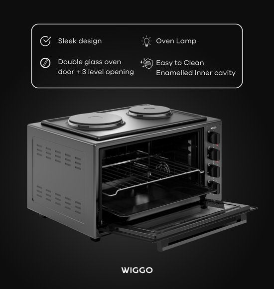 Wiggo WMO-E4562H(B) - Vrijstaande Mini Oven met kookplaat - Electrisch - 60 CM - 45 liter - 3534 W - 5 Jaar Garantie - Zwart