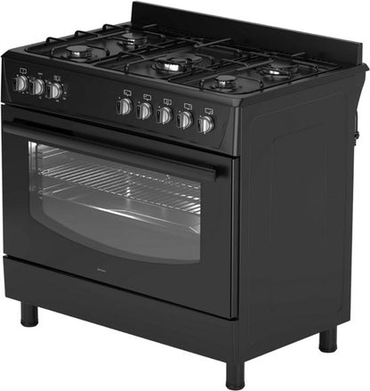 Wiggo WO‑E905R(BB) – Vrijstaand gasfornuis – 90 cm – 5 kookzones met wokbrander – 110L elektrische oven – Zwart – Elektrische vonkontsteking & vlambeveiliging – Energieklasse B – 5 jaar garantie