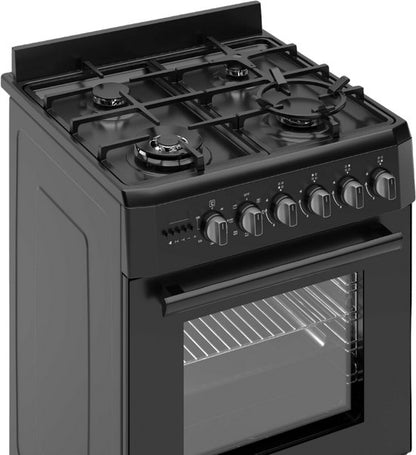 Wiggo WO-E639R(BB) – Vrijstaand gasfornuis – 60 cm – 5 kookzones – met wokbrander – 56L elektrische oven – Zwart – Elektrische vonkontsteking & vlambeveiliging – Energieklasse A – 5 jaar garantie