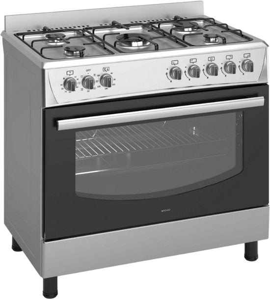Wiggo WO‑E905R(XX) – Vrijstaand gasfornuis – 90 cm – 5 kookzones met wokbrander – 110L elektrische oven – Roestvrijstaal – Elektrische vonkontsteking & vlambeveiliging – Energieklasse B – 5 jaar garantie