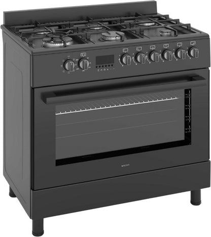 Wiggo - WO-E969R(BB) - Vrijstaand - Gasfornuis - 90 cm - 110 Liter - 6 pitten - Energieklasse B - 5 jaar garantie - Zwart