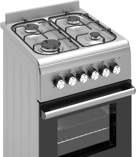 Wiggo WO-E503A(XX) - Vrijstaand - Gasfornuis - 50 cm - 52 Liter - 4 pitten - Energieklasse A - 5 jaar garantie - Roestvrijstaal