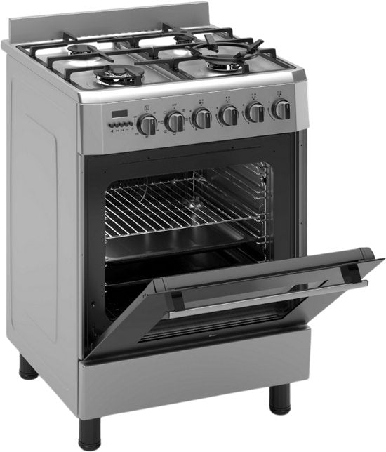 Wiggo WO-E639R(XX) – Vrijstaand gasfornuis – 60 cm – 5 kookzones – met wokbrander – 56L elektrische oven – Roestvrijstaal – Elektrische vonkontsteking & vlambeveiliging – Energieklasse A – 5 jaar garantie