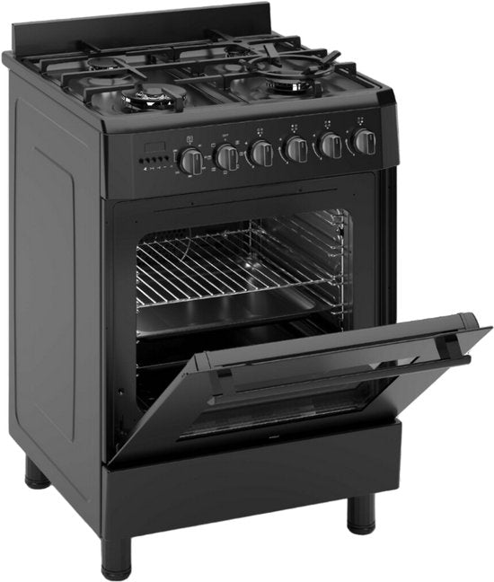 Wiggo WO-E639R(BB) – Vrijstaand gasfornuis – 60 cm – 5 kookzones – met wokbrander – 56L elektrische oven – Zwart – Elektrische vonkontsteking & vlambeveiliging – Energieklasse A – 5 jaar garantie
