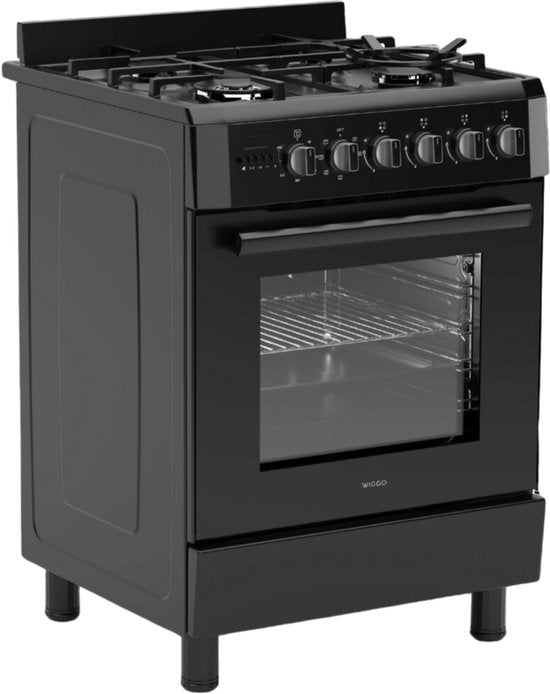 Wiggo WO-E639R(BB) – Vrijstaand gasfornuis – 60 cm – 5 kookzones – met wokbrander – 56L elektrische oven – Zwart – Elektrische vonkontsteking & vlambeveiliging – Energieklasse A – 5 jaar garantie