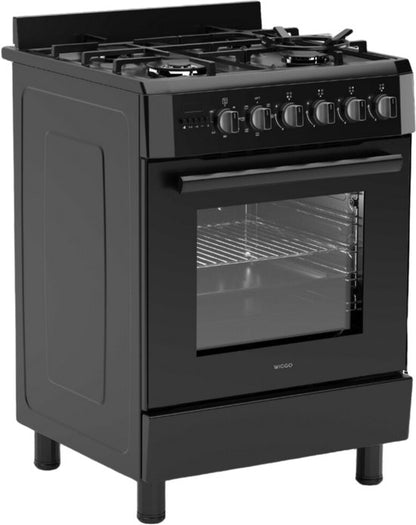 Wiggo WO-E639R(BB) – Vrijstaand gasfornuis – 60 cm – 5 kookzones – met wokbrander – 56L elektrische oven – Zwart – Elektrische vonkontsteking & vlambeveiliging – Energieklasse A – 5 jaar garantie