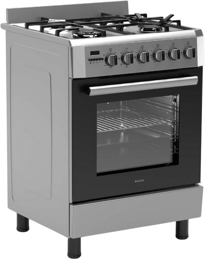 Wiggo WO-E639R(XX) – Vrijstaand gasfornuis – 60 cm – 5 kookzones – met wokbrander – 56L elektrische oven – Roestvrijstaal – Elektrische vonkontsteking & vlambeveiliging – Energieklasse A – 5 jaar garantie