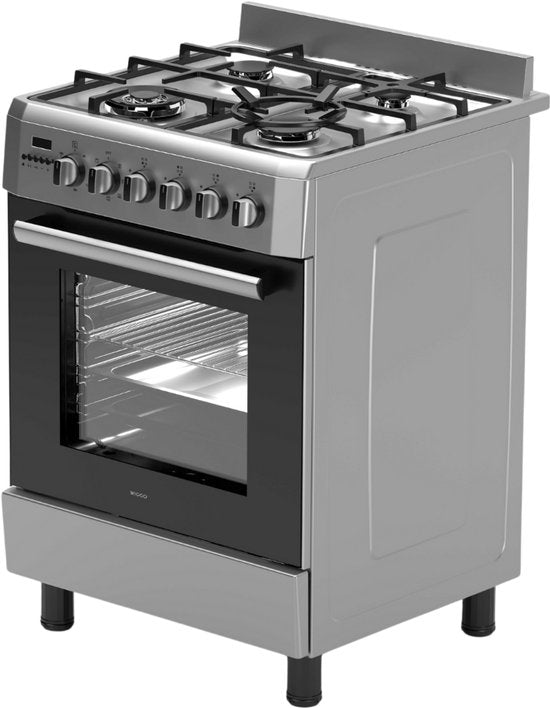 Wiggo WO-E639R(XX) – Vrijstaand gasfornuis – 60 cm – 5 kookzones – met wokbrander – 56L elektrische oven – Roestvrijstaal – Elektrische vonkontsteking & vlambeveiliging – Energieklasse A – 5 jaar garantie