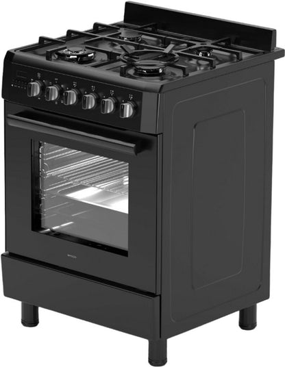 Wiggo WO-E639R(BB) – Vrijstaand gasfornuis – 60 cm – 5 kookzones – met wokbrander – 56L elektrische oven – Zwart – Elektrische vonkontsteking & vlambeveiliging – Energieklasse A – 5 jaar garantie
