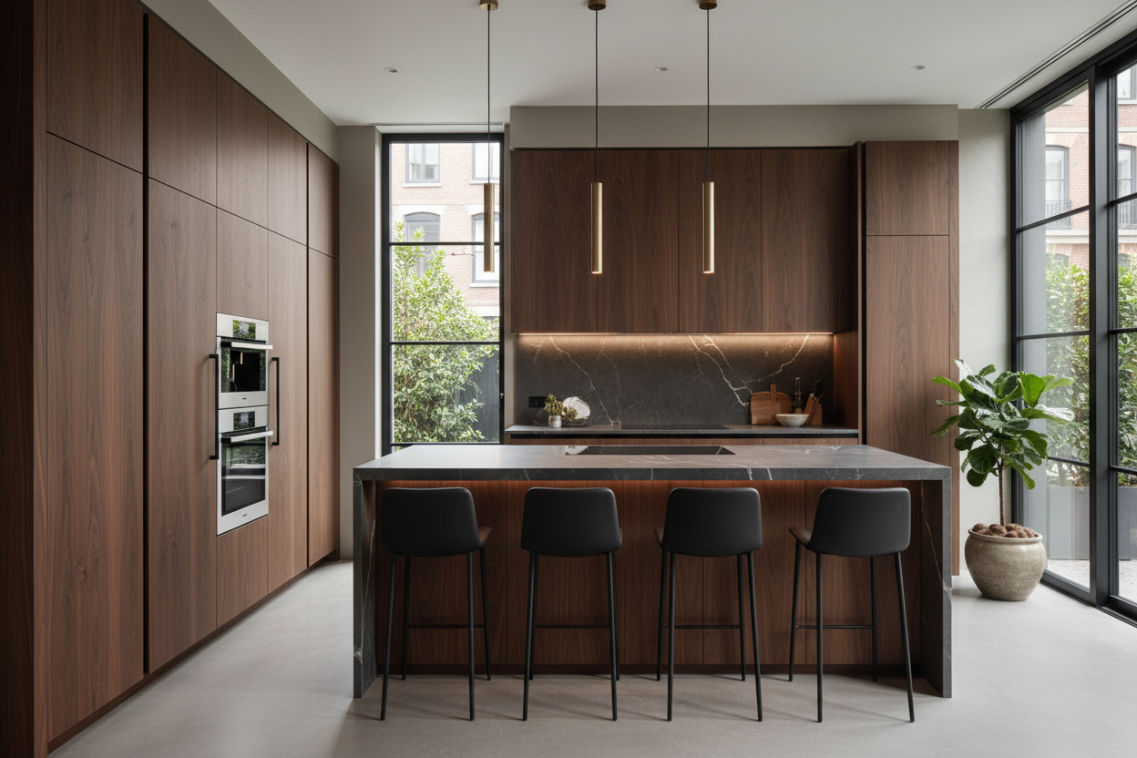 Geneer moderen keuken in donker hout, modern mooi stylisch 