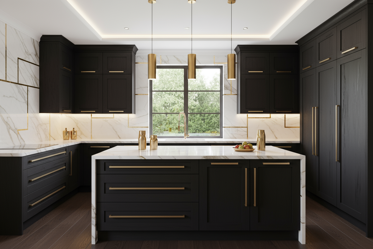 Geneer nog een keuken modern maar dan donker hout met gouden deatils